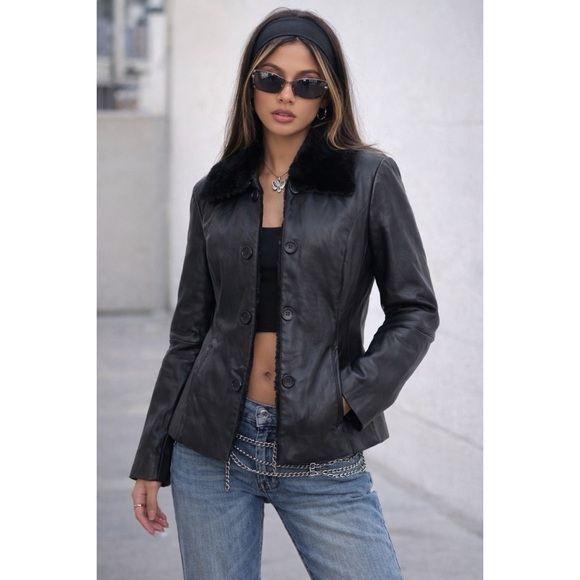 EUC BGSD 100% Lambskin Leather Sheep Shearling Fur Collar Y2K 90’s Black Jacket - Picture 12 of 14